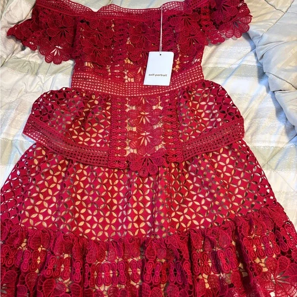 Self-Portrait Crimson Lace Floral Dress - size 4 - Picture 1 of 12